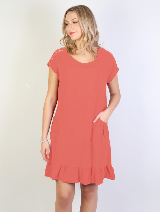 Shift Dress with Flouncy Edge. Cut-out Shoulder and Pockets